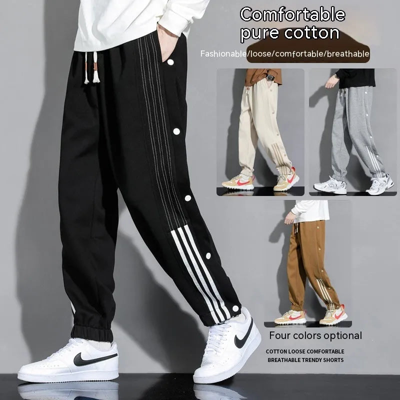 Men's black loose sports sweatpants with ankle ties and elastic high waist