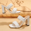 Square toe flip-flops with chunky heel and woven twisted straps in apricot colour