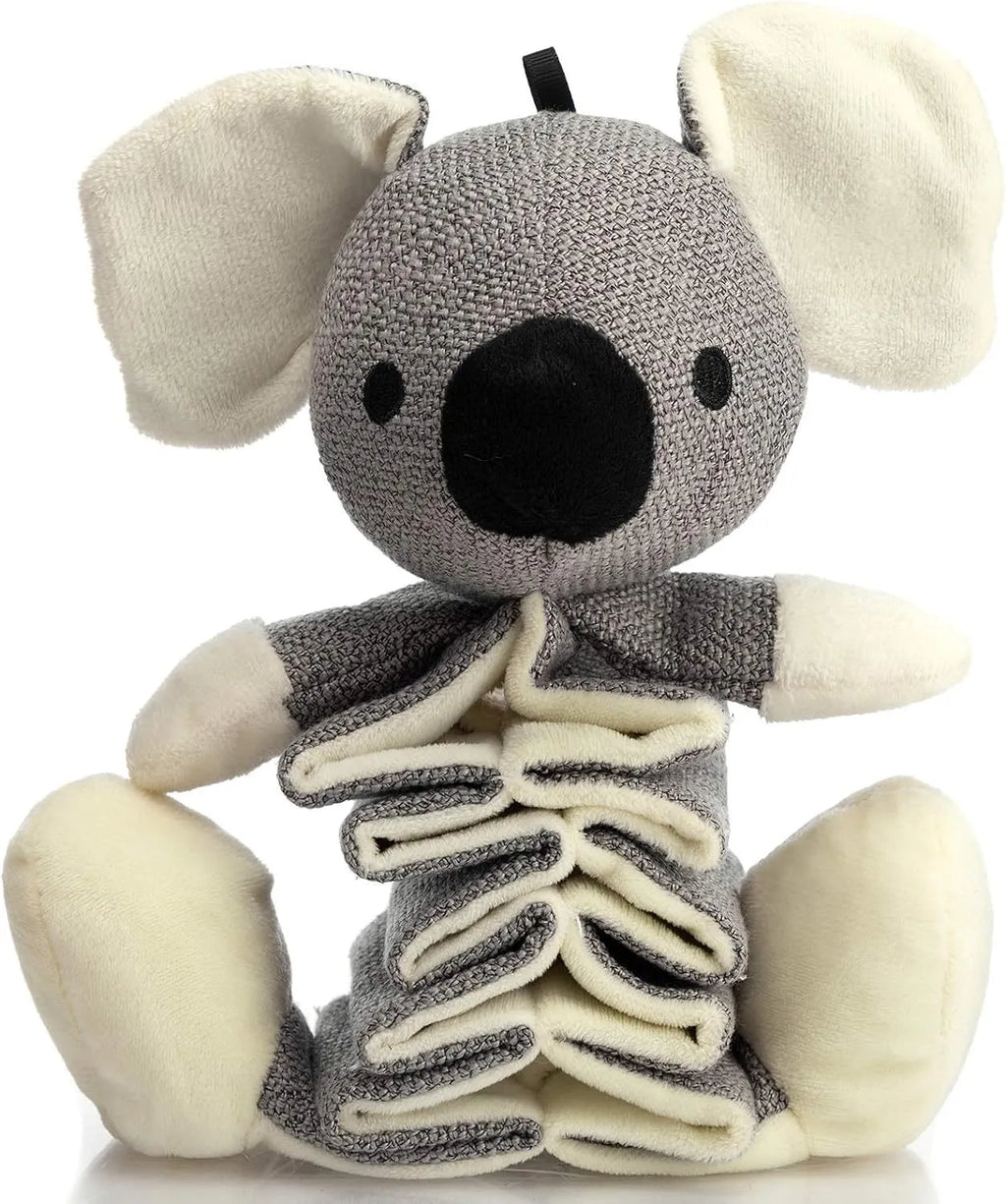Gray Koala plush dog toy measuring 30cm long with crinkle paper inside.