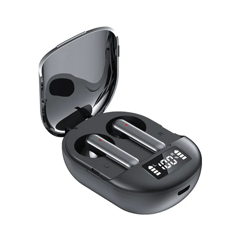 Black or white wireless Bluetooth in-ear headset with charging bin, featuring a digital display screen.