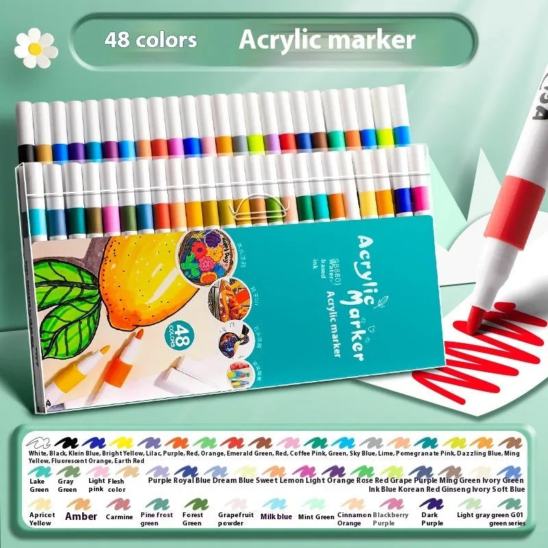Acrylic marker pen set showing multicoloured plastic markers arranged by colour