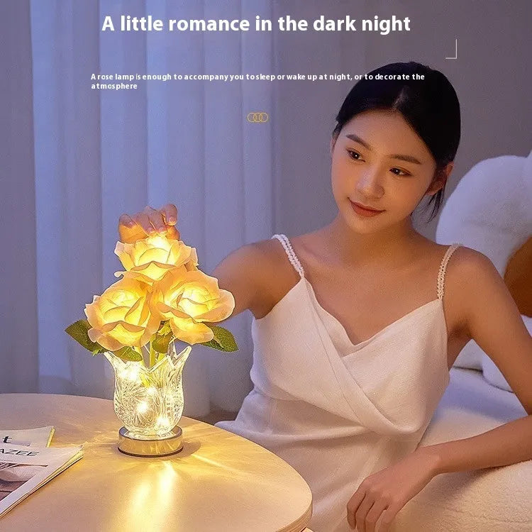 Crystal flowers touch dimmable table lamp with USB charging cable on bedside table