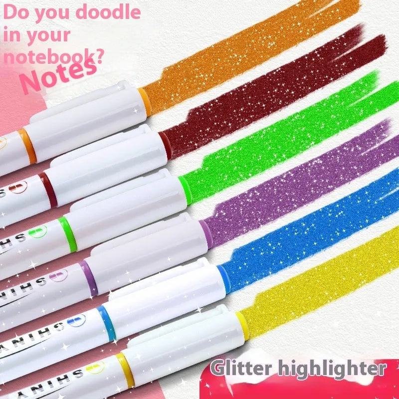 Set of four glitter highlighter pens with star river design and slanted tips in assorted fluorescent colours