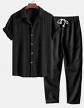Men's slim fit camouflage print short sleeve shirt and plain trousers casual suit set