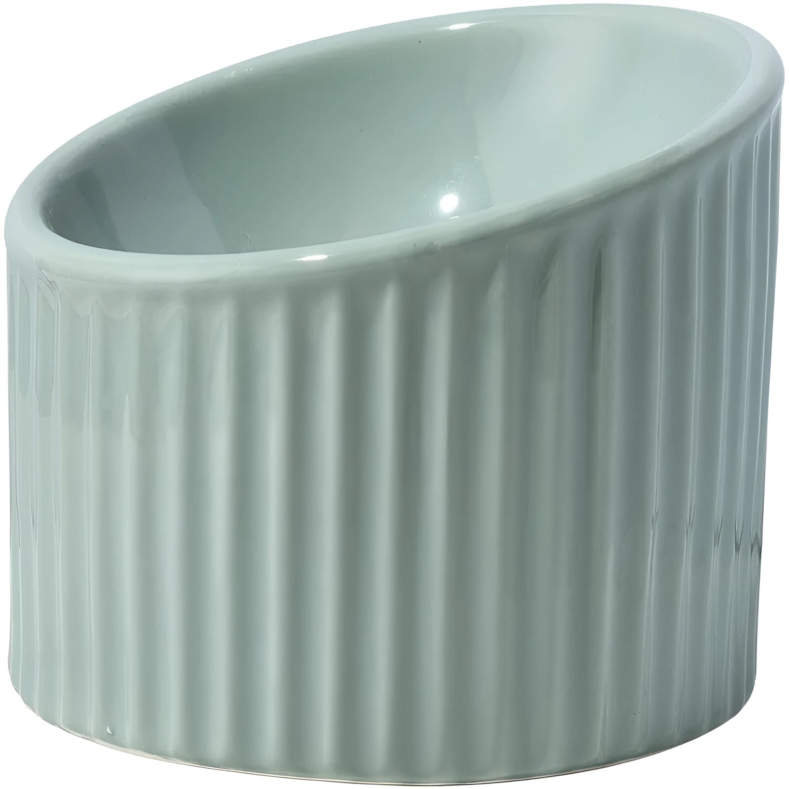 Elevated ceramic cat bowl in green colour showing tilted design and raised height for comfortable feeding