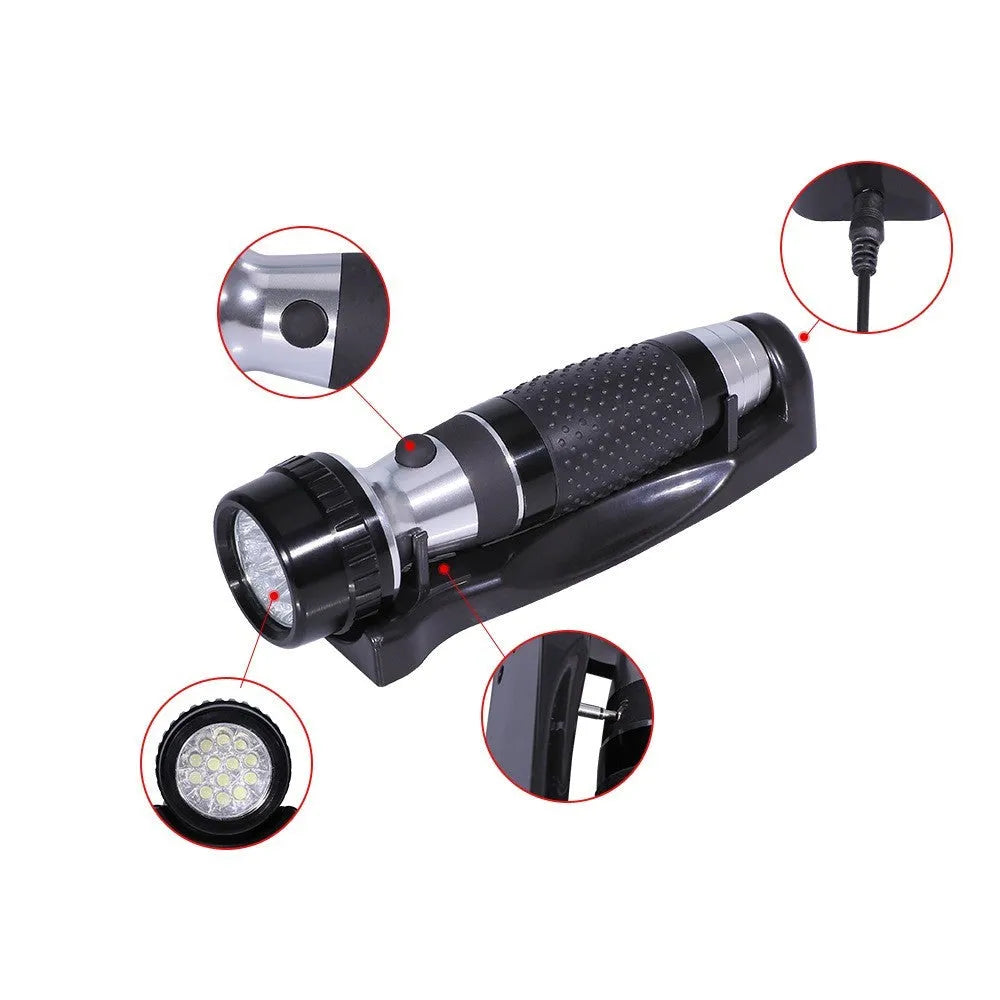 Rechargeable wall mounted black aluminium flashlight with 13 white LEDs on base