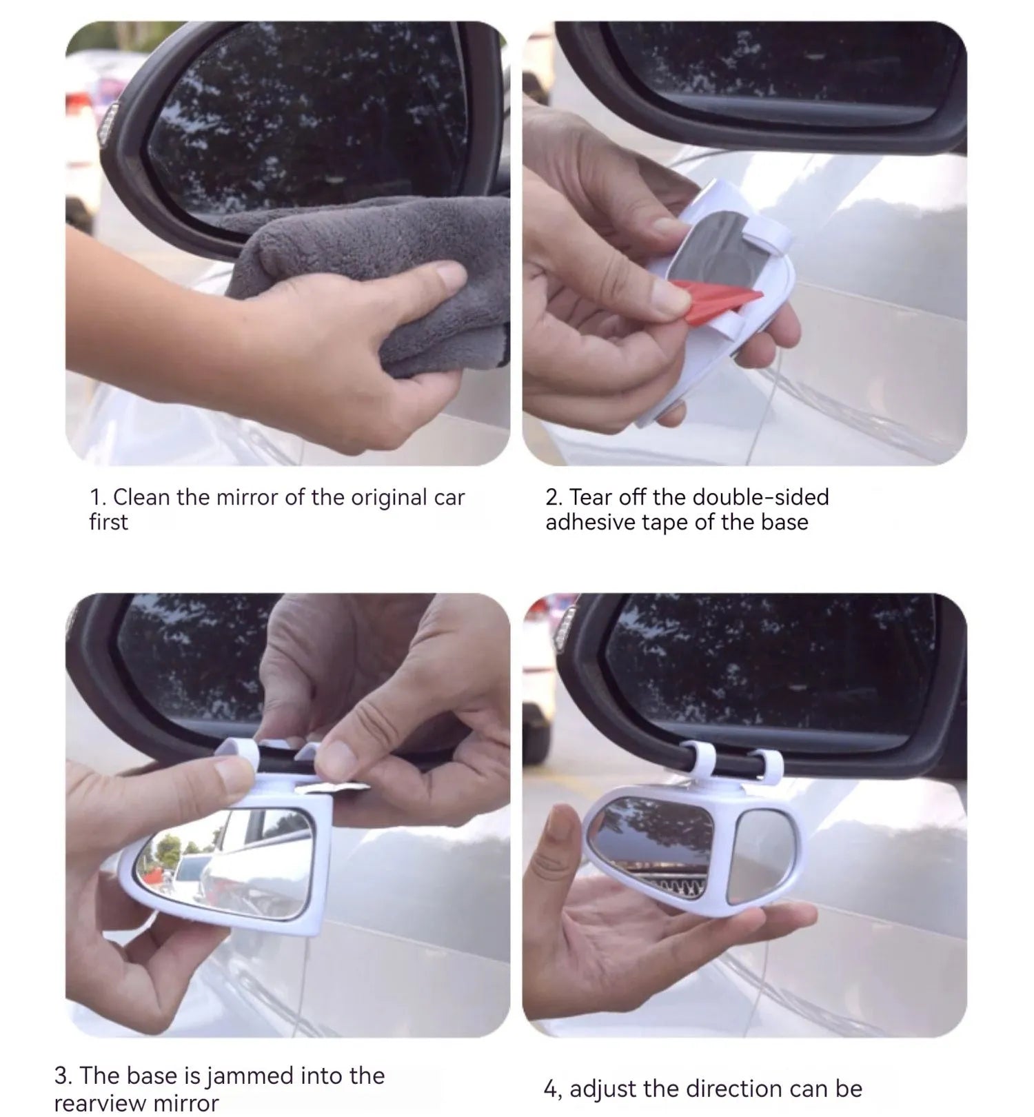 Car reversing small round wide-angle auxiliary mirror with adjustable ball joint, black, on a silver car side mirror