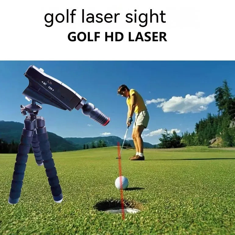 Golf putter laser aiming instrument shown with optional tripod and zipper storage box.