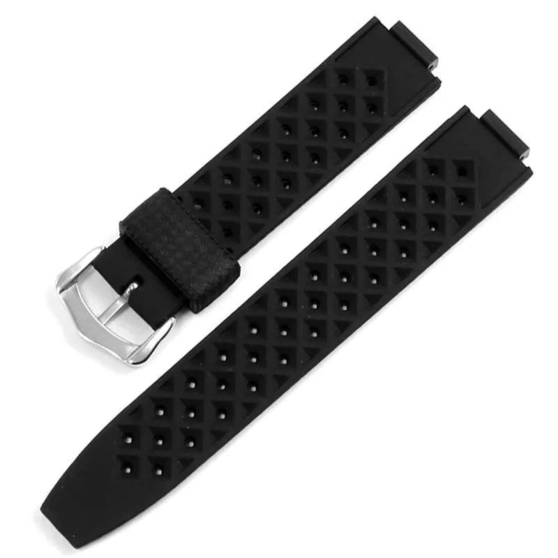 Black silicone watch strap with raised mouth and silver buckle, fitting 20-22mm lugs