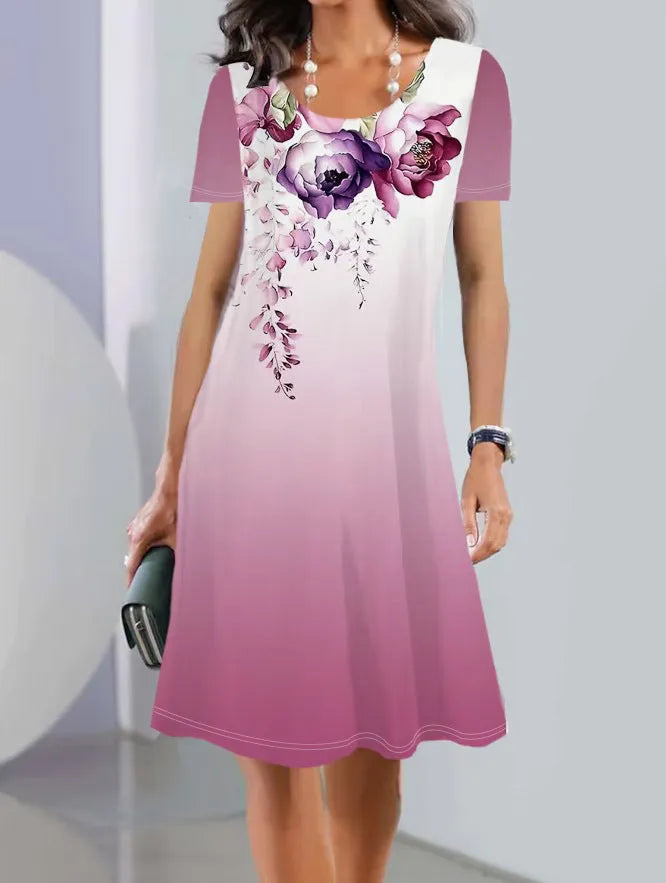 Women's floral print mid-length summer dress with short sleeves and round neck in ice silk fabric