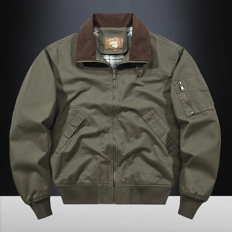 Men's plus size washed cotton flight jacket shown in camel colour.