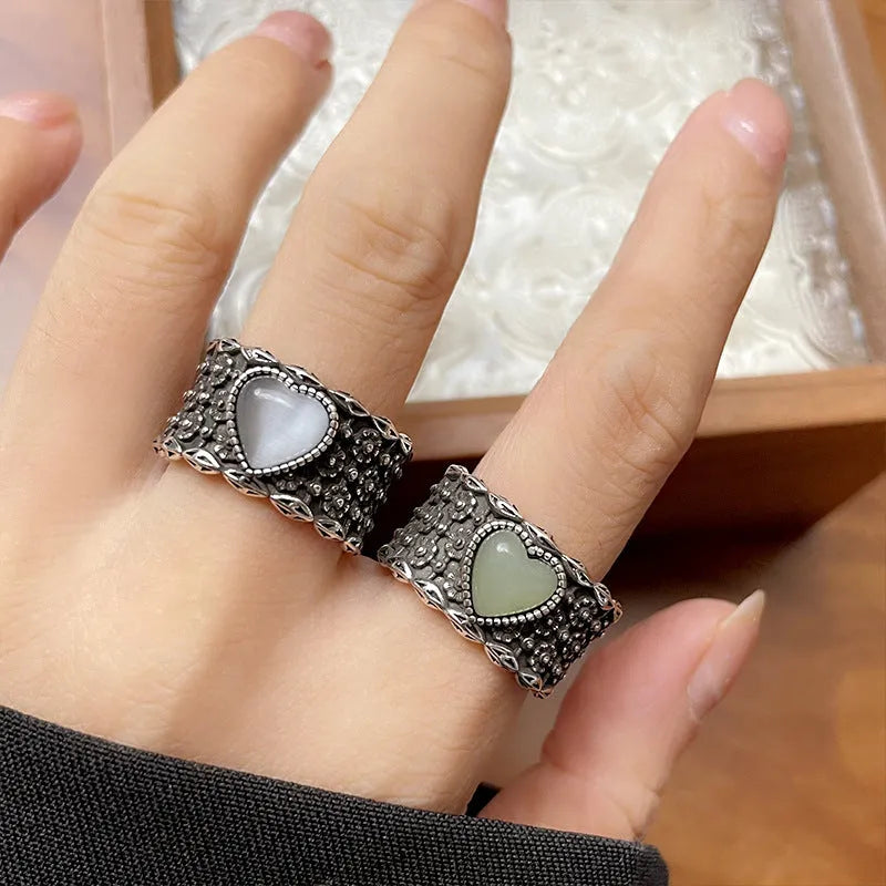 Retro wide-faced white moonlight open heart ring with adjustable opening in silver-plated white copper