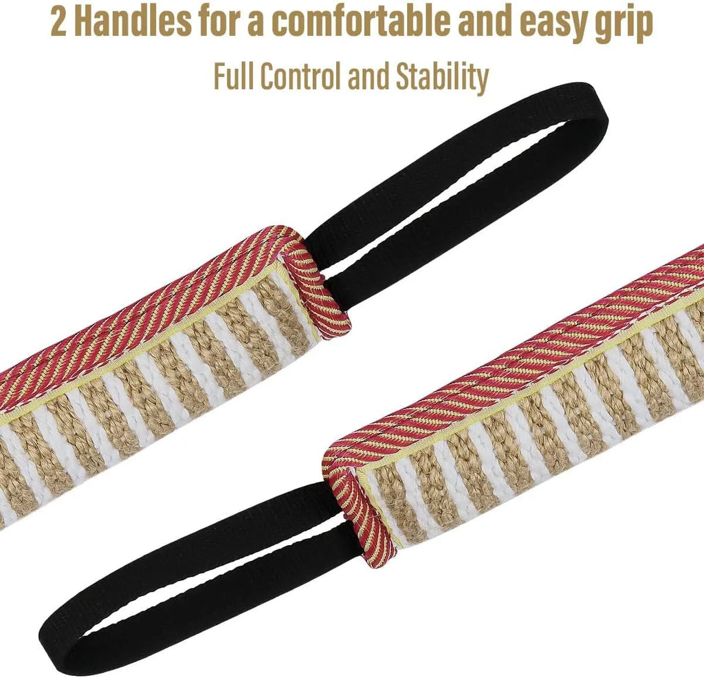 Beige jute dog tug toy with two fabric handles for interactive play