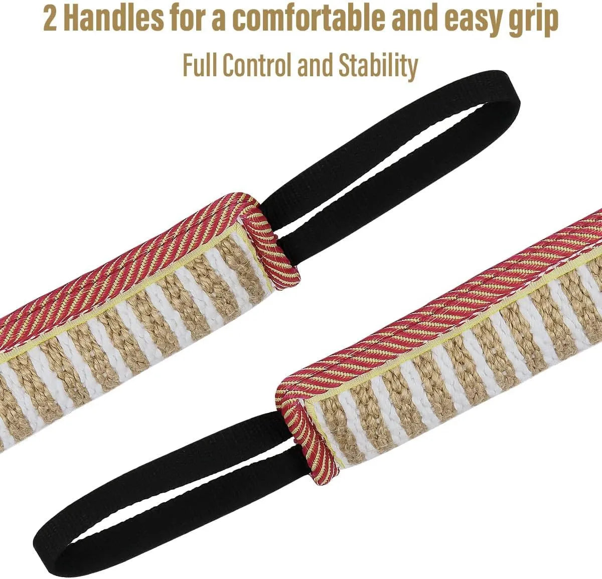 Beige jute dog tug toy with two fabric handles for interactive play