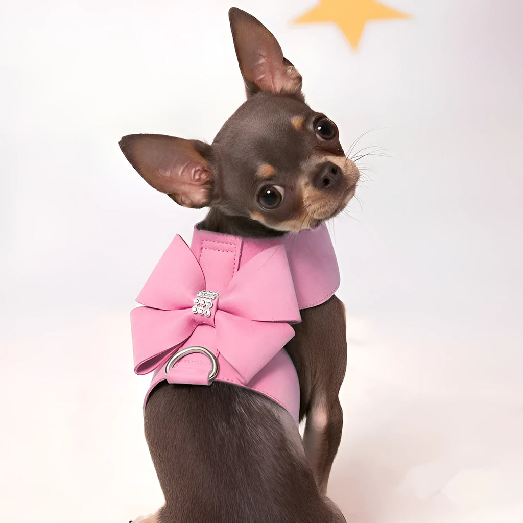 Adjustable puppy chest strap with bowknot decoration in microfiber fabric