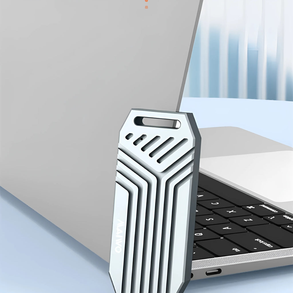 Thunderbolt 4 external SSD enclosure in aluminium case showing compact 50mm design