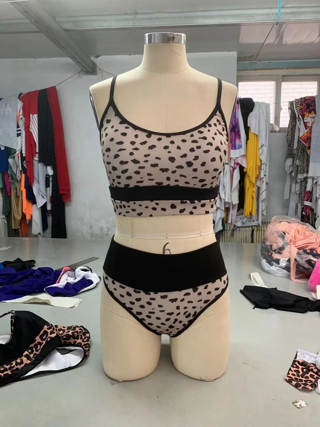 Women's white and leopard print high waist split bikini swimsuit set