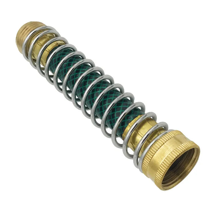 Brass garden hose connector with a visible silver spiral spring and 3/4 inch threaded ends.