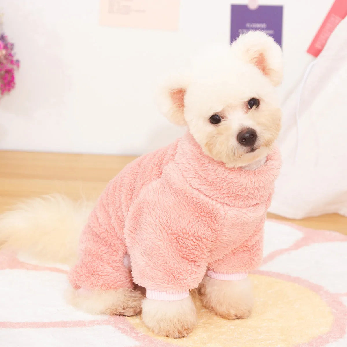 Khaki four-legged dog clothes with high collar and towing ring, made of double-sided plush cotton velvet.