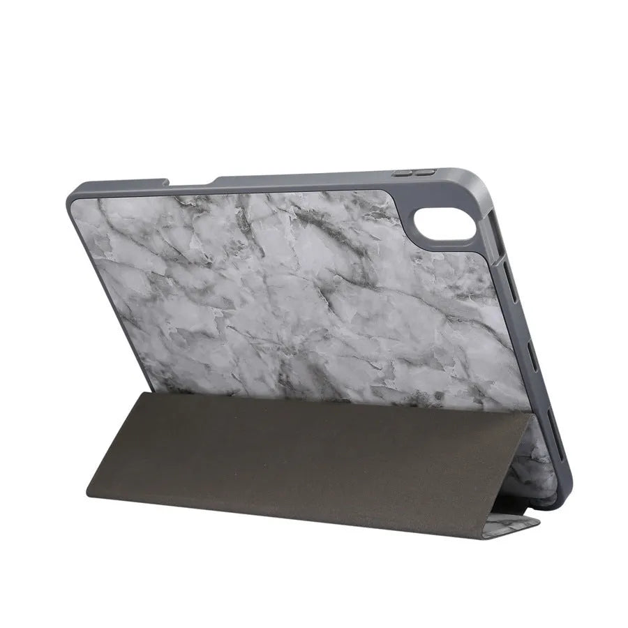 Tri-fold imitation leather iPad case in dark gray, showing pen slot and stand function.