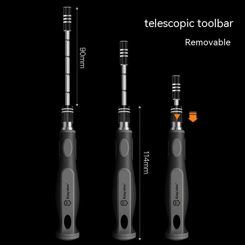 32-in-1 screwdriver set with 30 bits in a black plastic case and soft-grip handle for repairs.