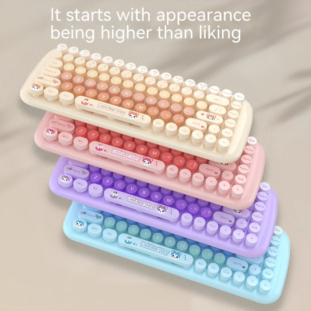 Pink mini wireless keyboard and mouse set with cartoon design on 43.5 cm compact keyboard