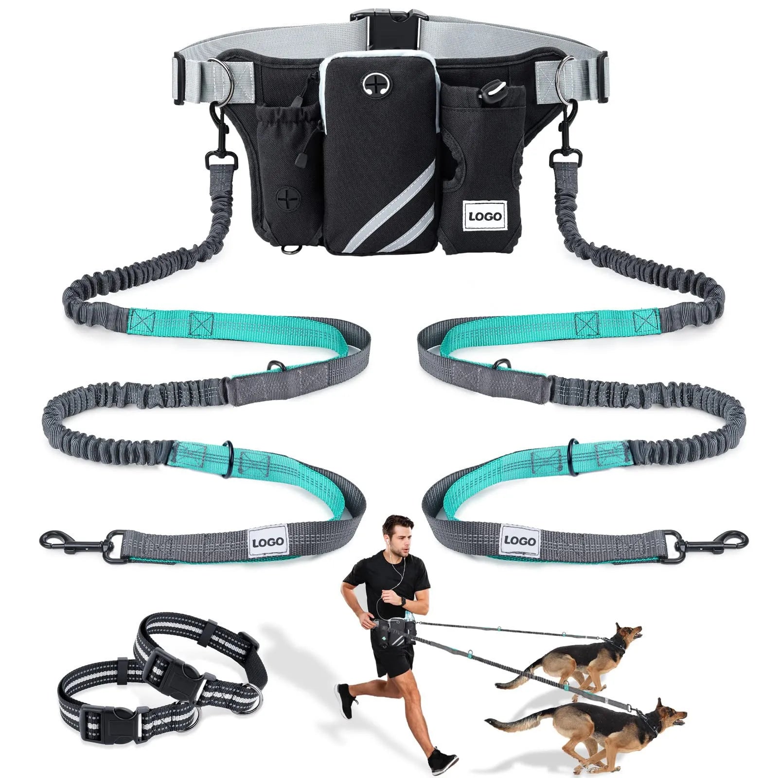 Black nylon outdoor pet training bag set with waist bag and dog walking leash