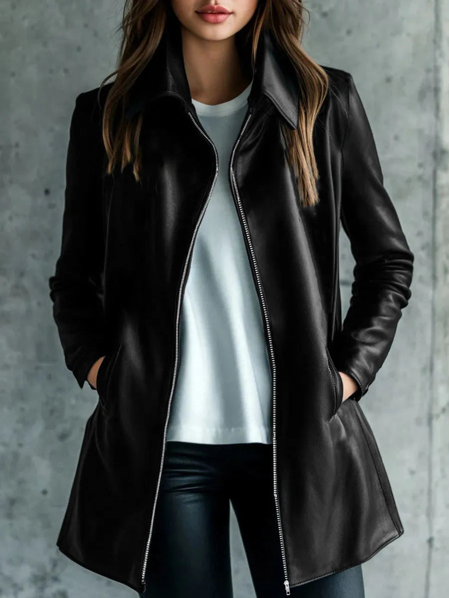 Women's black polyester jacket with long sleeves, medium 65cm length, casual commute style, front view