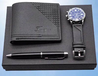 Business gift set containing a watch, wallet, and pen in a gift box, shown in brown and black colour options.