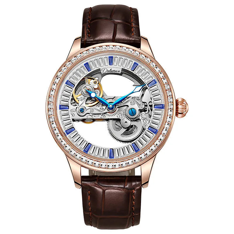 Men's luxury zircon mechanical watch with waterproof case and choice of strap options