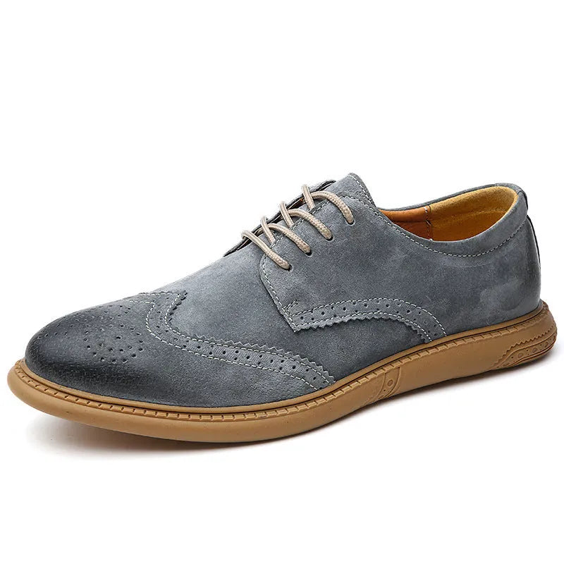 Men's black genuine leather low-top business shoes with lace-up front and rubber sole.