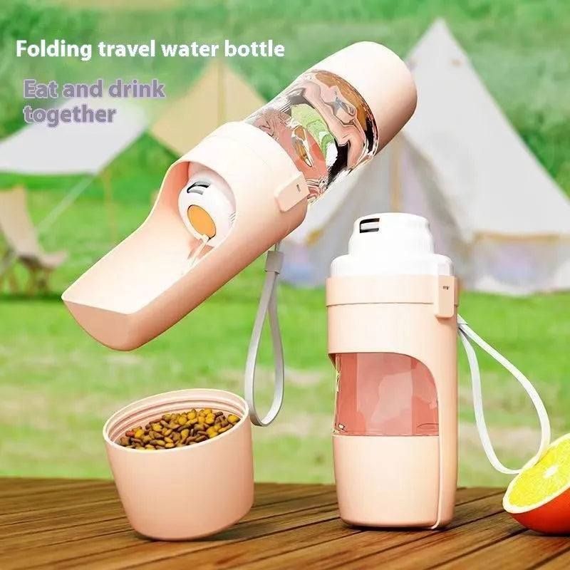 2-in-1 travel dog water bottle with 690ml capacity, lanyard, and leakproof seal in green; folding size 20cm x 9cm