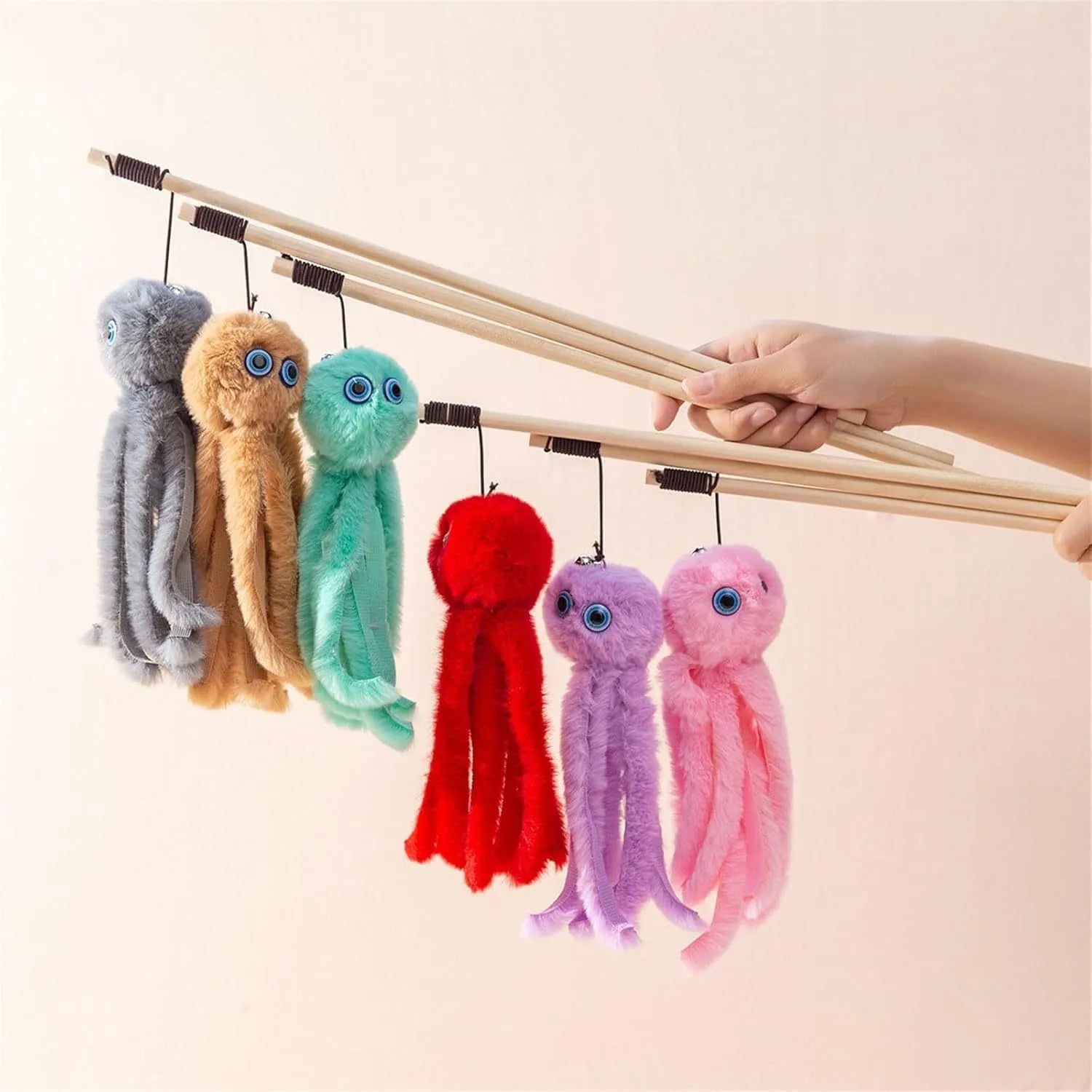 Furry octopus cat toy with eyes on 40cm flexible wand in choice of colours