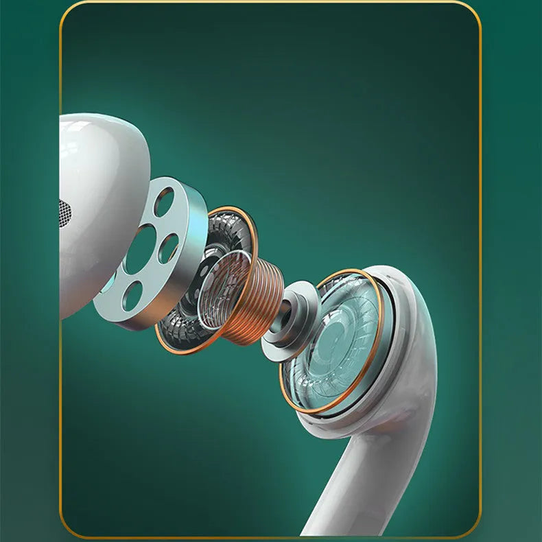 White Budz5 wireless Bluetooth headset with semi-in-ear design and charging compartment