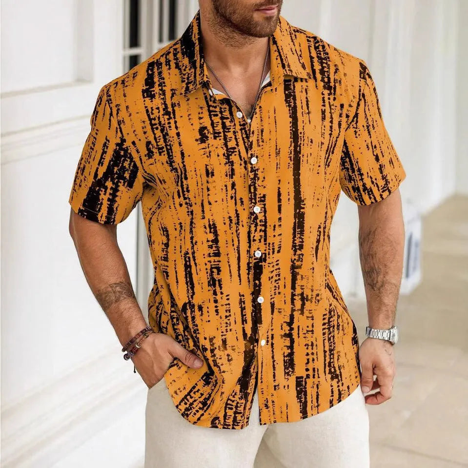 Men's casual short sleeve shirt with 3D printed stripe pattern in polyester fabric