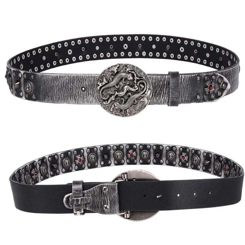 Men's black genuine leather belt with silver punk rivets and a smooth alloy buckle.