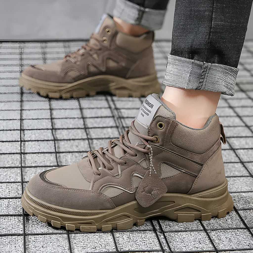 Men's thick sole high-top Martin boots in beige, side view showing lace-up and round toe