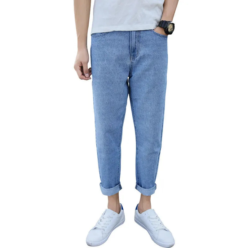 Men's straight-leg cotton jeans in black and blue colours showing loose fit design