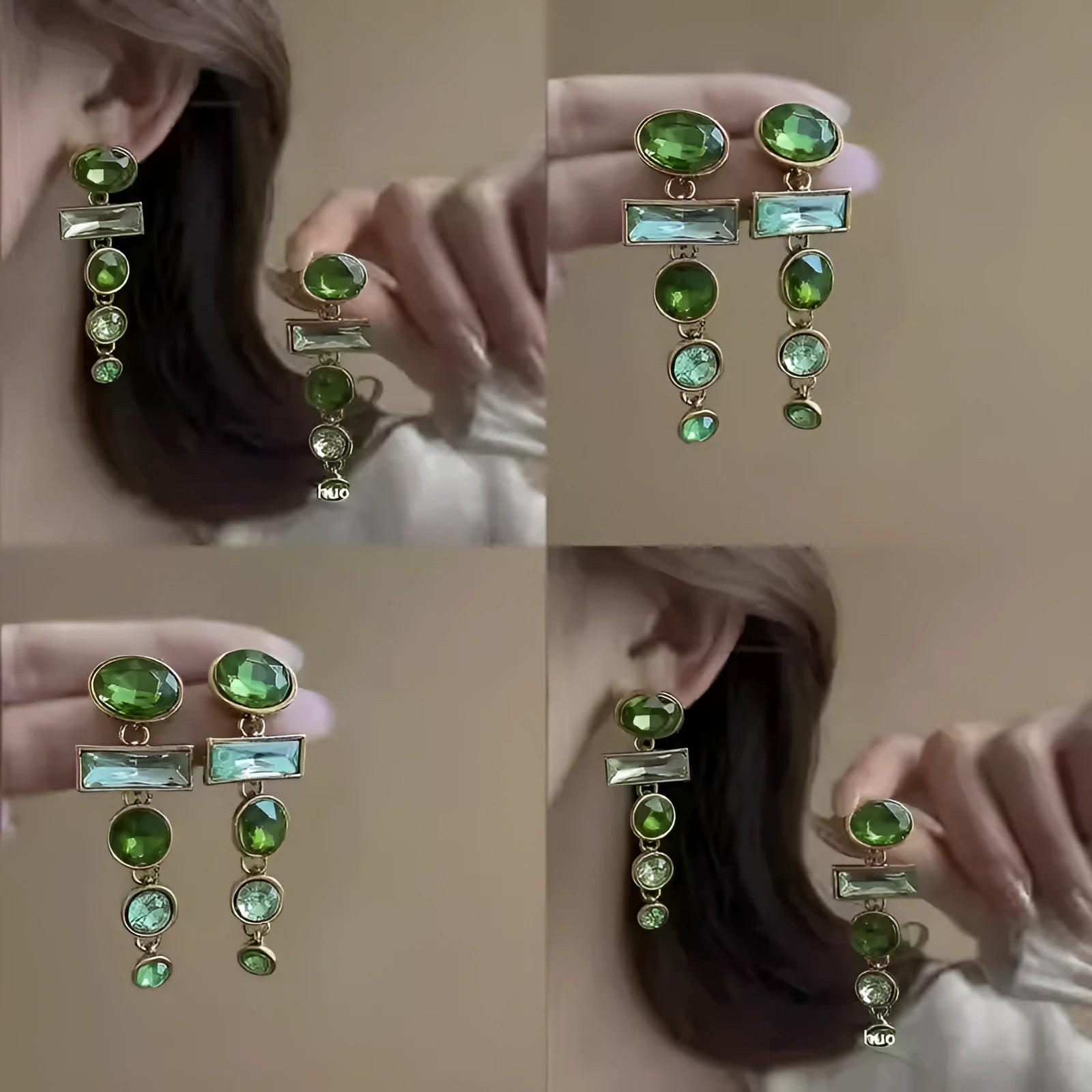 A pair of retro green gradient alloy earrings with geometric shapes and a long tassel design.