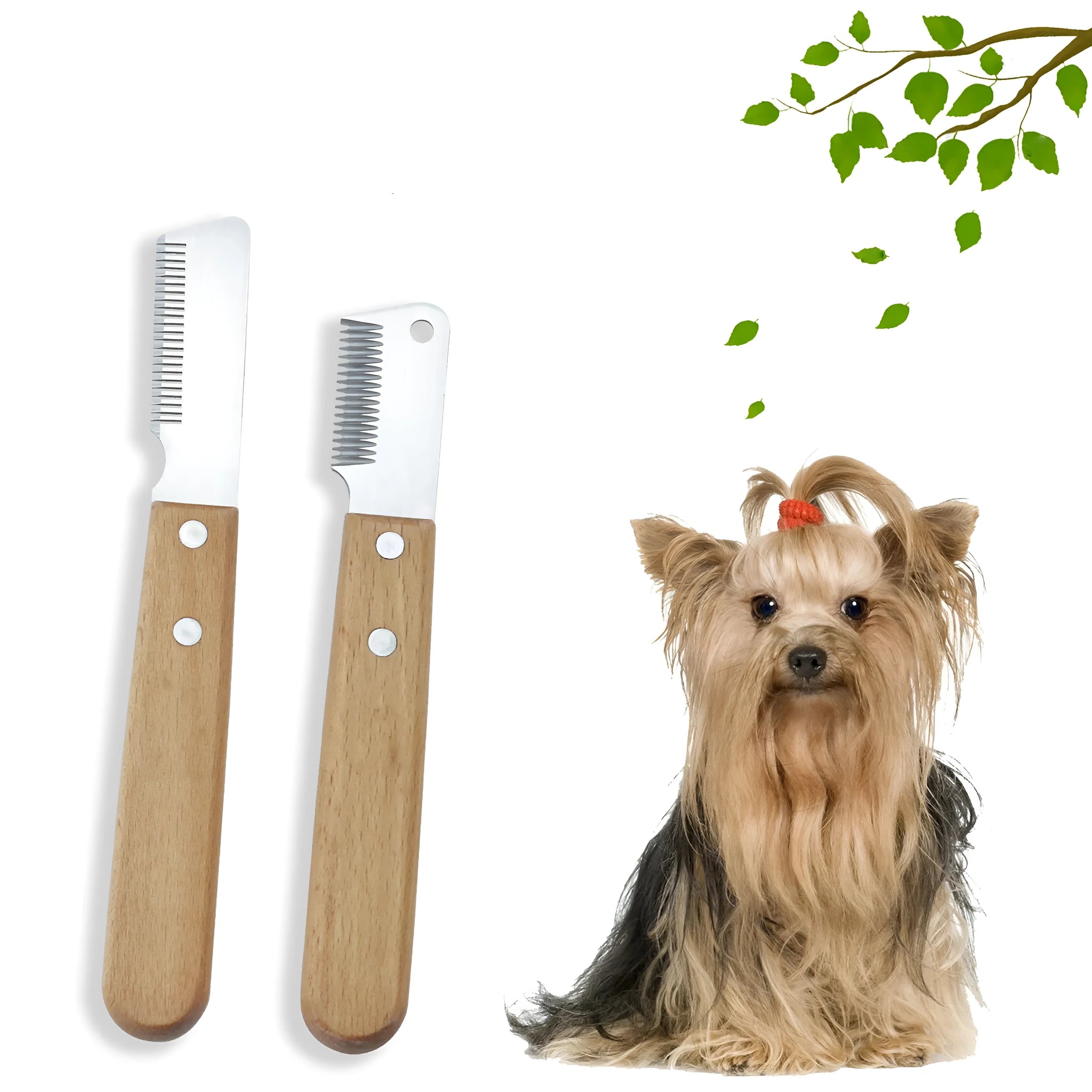 Dog stripping knife with wood handle for grooming long-haired pets in two size options