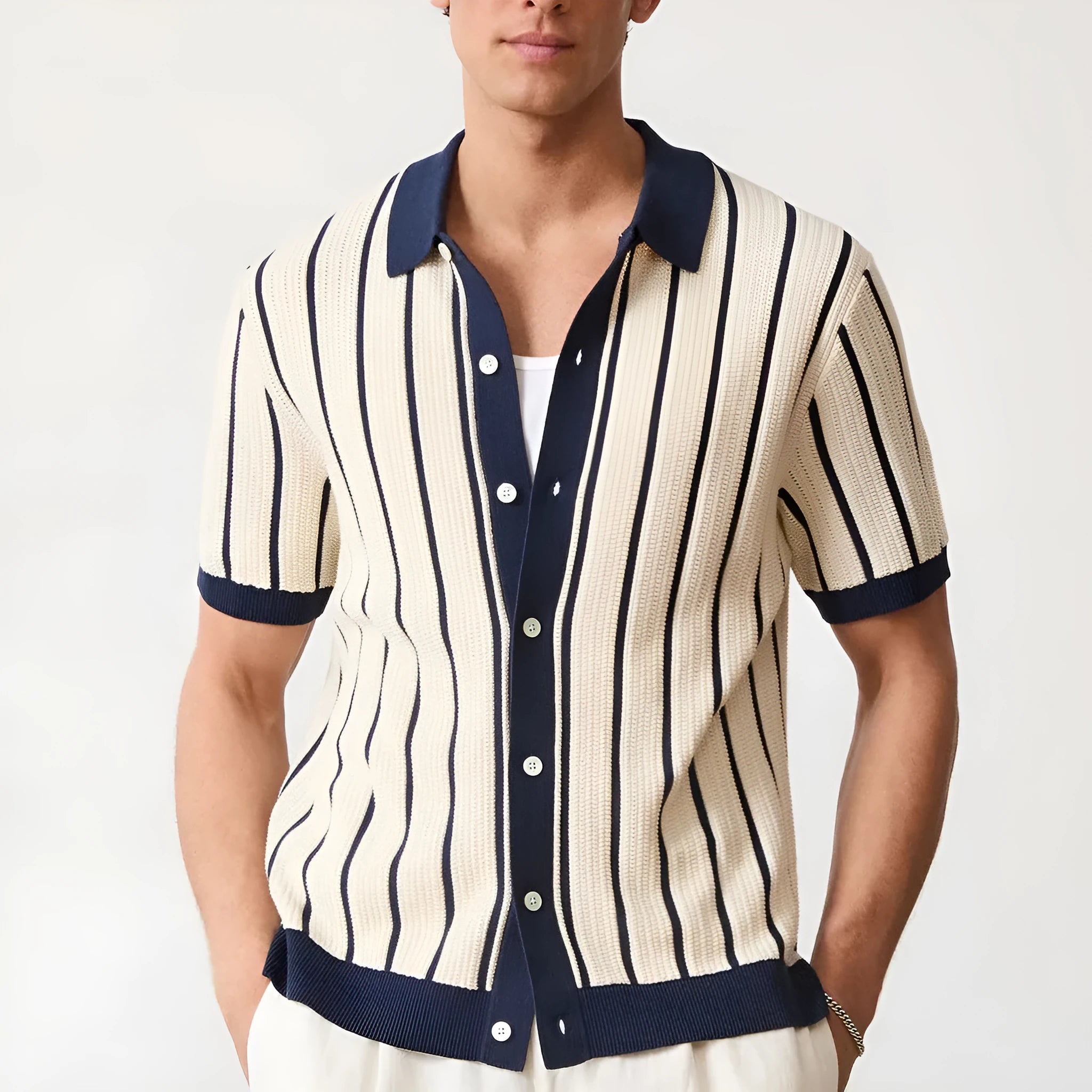 White men's short sleeve knitted shirt with lapel collar and asymmetric design