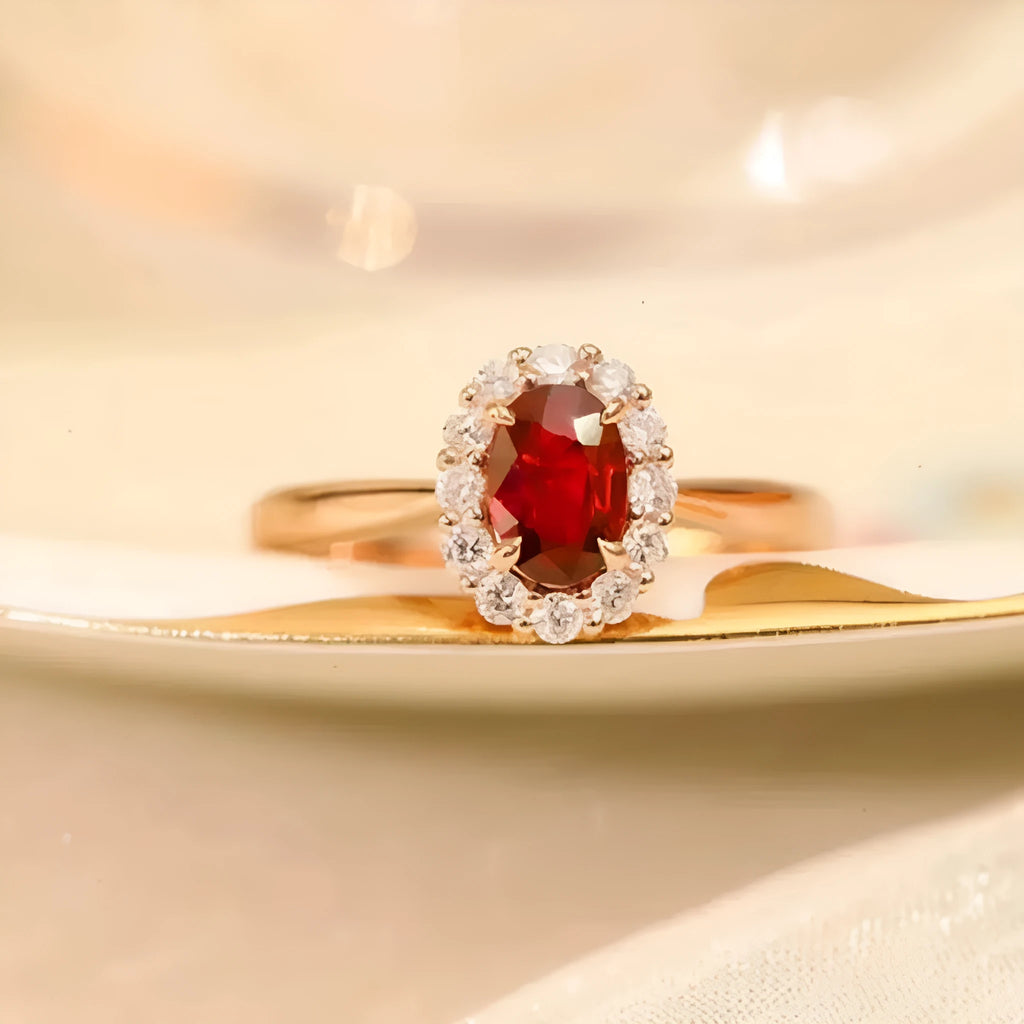 Gold Pigeon red blood gemstone sterling silver inlaid ring with floral pattern on silver-plated metal background