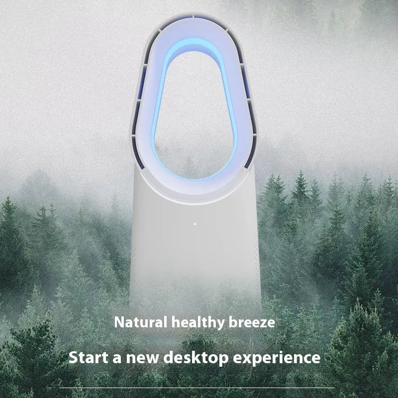 White bladeless tower floor fan with remote control on a stand.