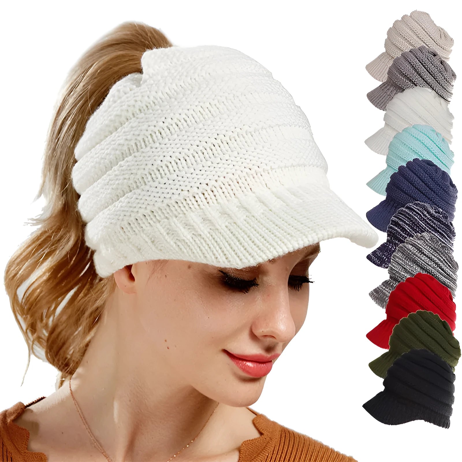 Women's thick knit ponytail beanie in acrylic yarn showing hairstyle accommodation