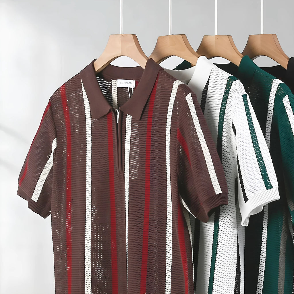 Hollow mesh short-sleeved knitting polo shirt in ice silk fabric with zipper detail, loose fit, summer casual wear