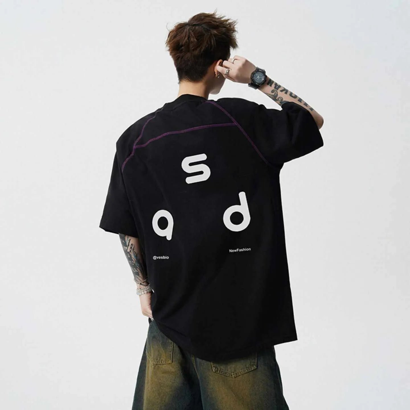 Cotton letter print short-sleeve t-shirt in black, loose fit, round neck, 100% cotton