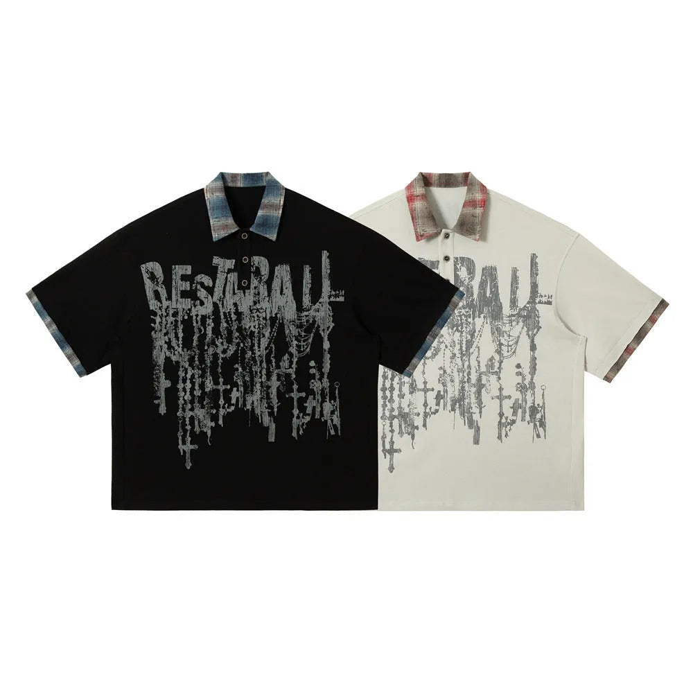 Men's loose fit cotton top with graffiti print and asymmetric lapel in blue or red