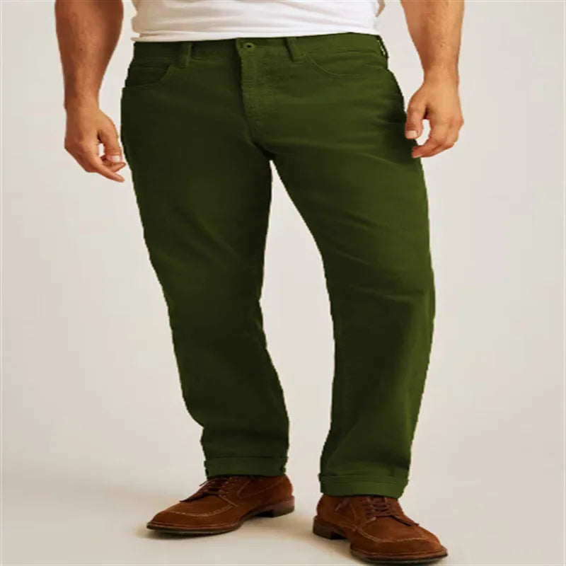 Men's loose fit straight leg corduroy trousers in Army Green colour.