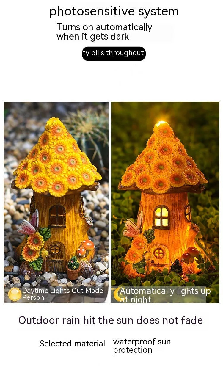 Hand-painted resin solar lamp decoration in tree house shape for outdoor garden lawn