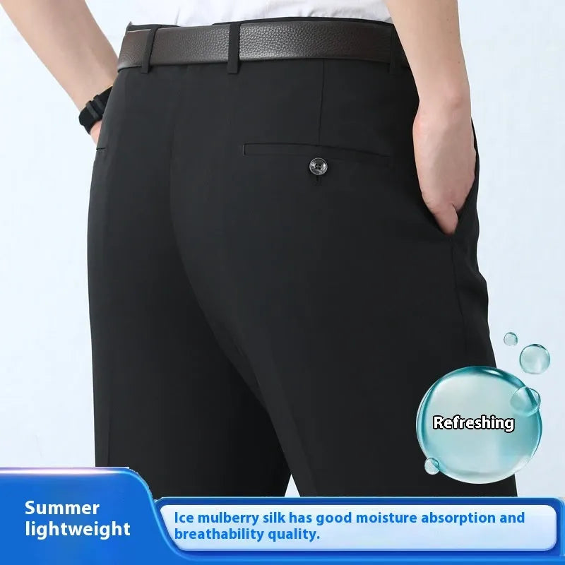 Men's straight leg non-iron business trousers in a mulberry silk blend fabric, shown in a dark blue colour.